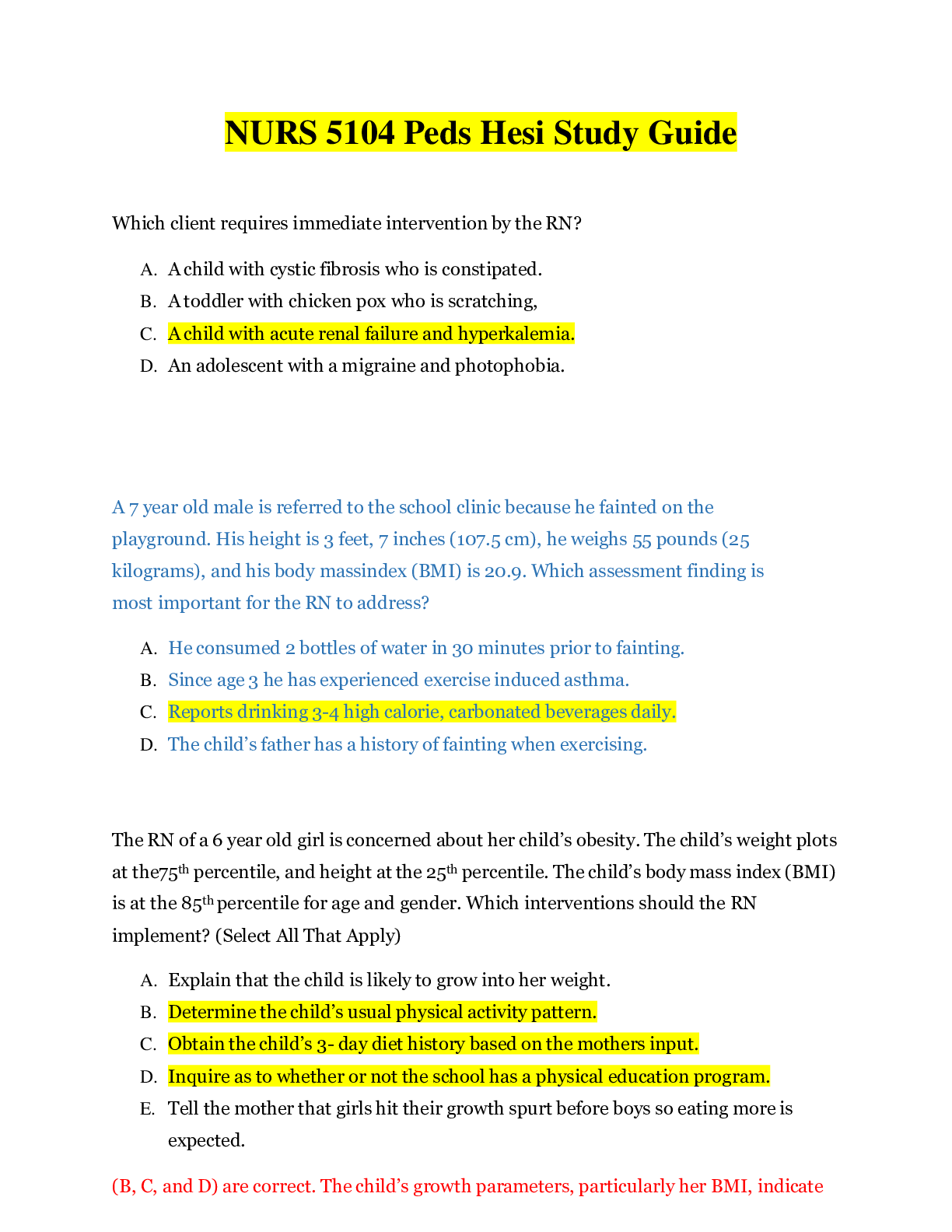 Preview image for Peds Hesi study guide (NURS5104G0)